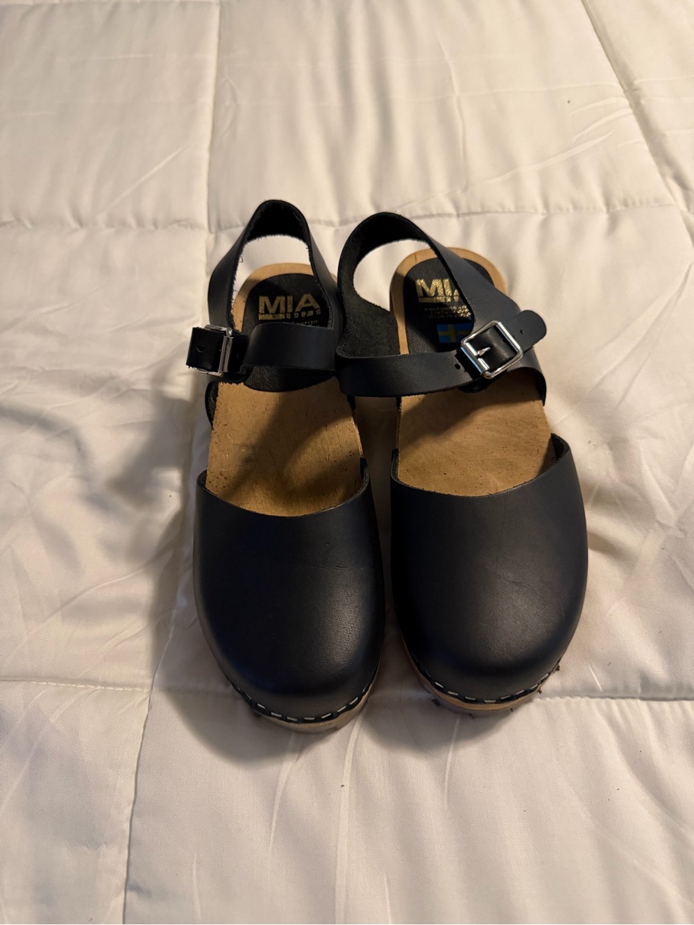 MIA Black Leather Swedish Wooden Clogs – EU Size 40